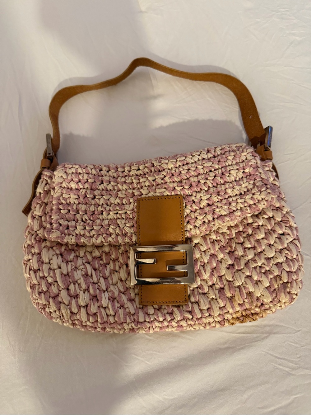 Fendi Pink Raffia Baguette Bag